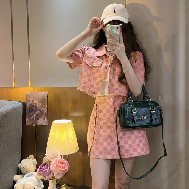 Summer Short Sleeve Jacket Plaid Shirt Skirt Sets