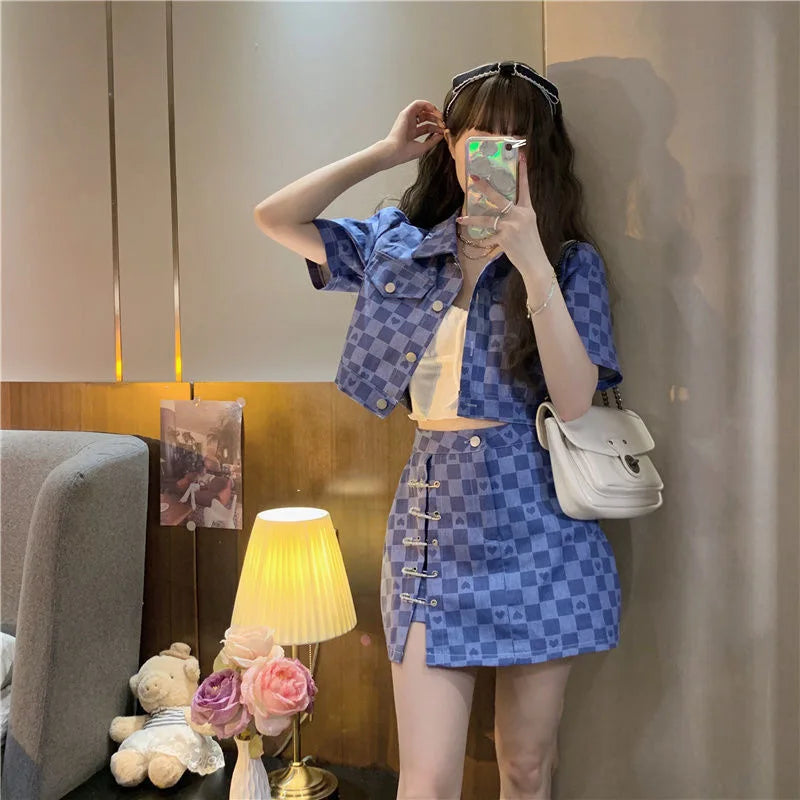 Summer Short Sleeve Jacket Plaid Shirt Skirt Sets