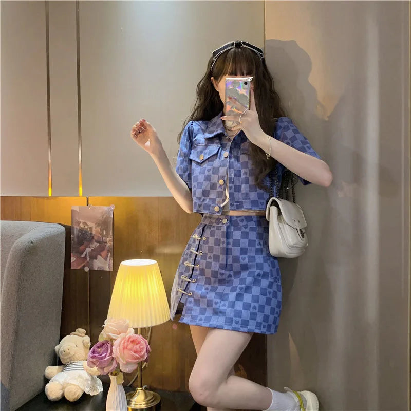 Summer Short Sleeve Jacket Plaid Shirt Skirt Sets