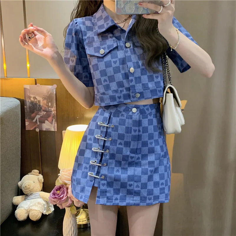 Summer Short Sleeve Jacket Plaid Shirt Skirt Sets