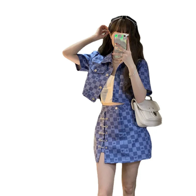 Summer Short Sleeve Jacket Plaid Shirt Skirt Sets