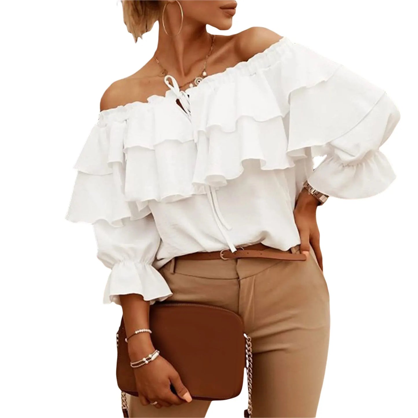 Women Off Shoulder Long Puff Sleeve Shirt