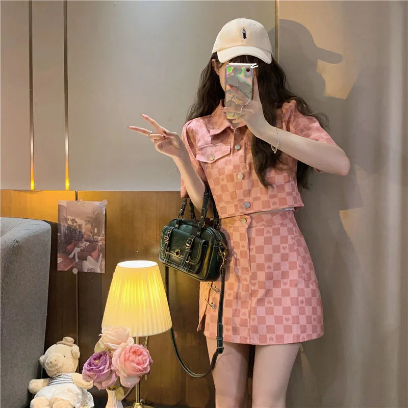 Summer Short Sleeve Jacket Plaid Shirt Skirt Sets