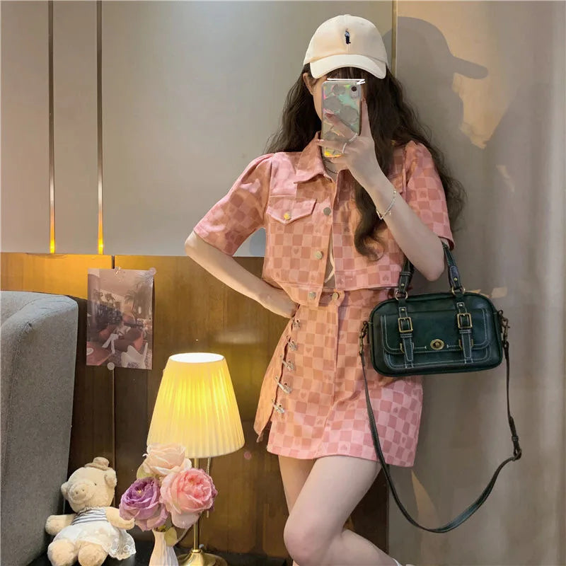 Summer Short Sleeve Jacket Plaid Shirt Skirt Sets