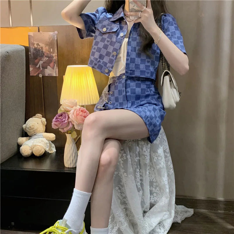 Summer Short Sleeve Jacket Plaid Shirt Skirt Sets