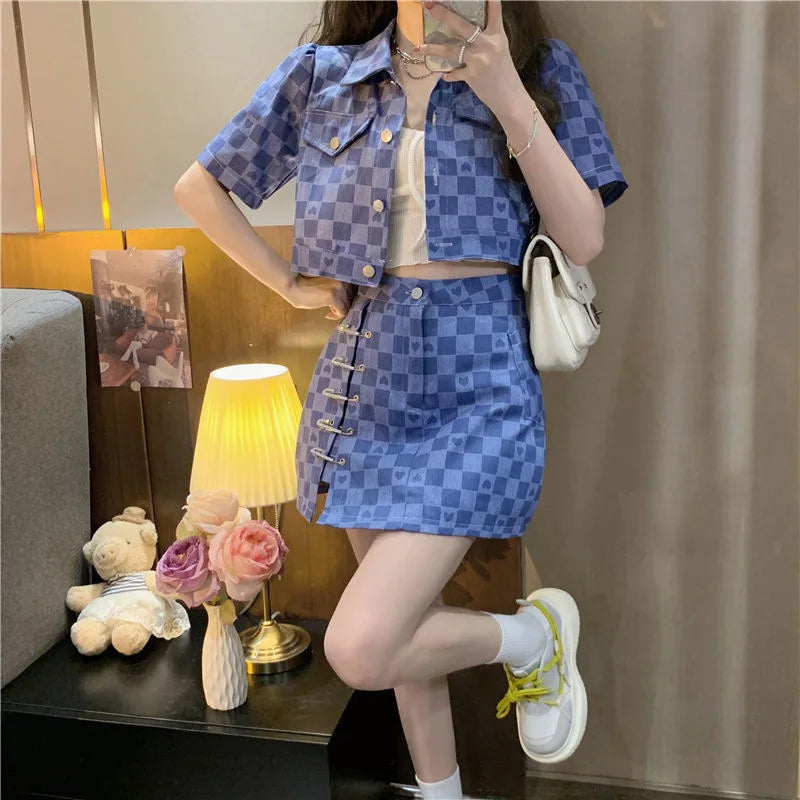 Summer Short Sleeve Jacket Plaid Shirt Skirt Sets