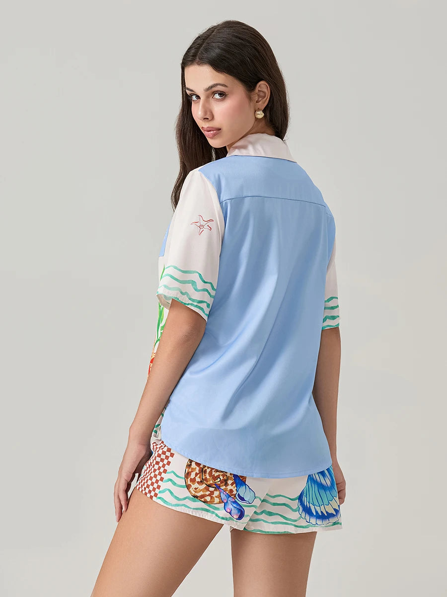 Ocean Print T-Shirt and Elastic Shorts Club Streetwear