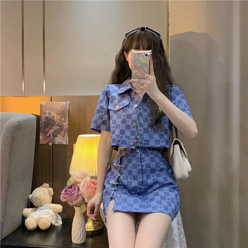 Summer Short Sleeve Jacket Plaid Shirt Skirt Sets