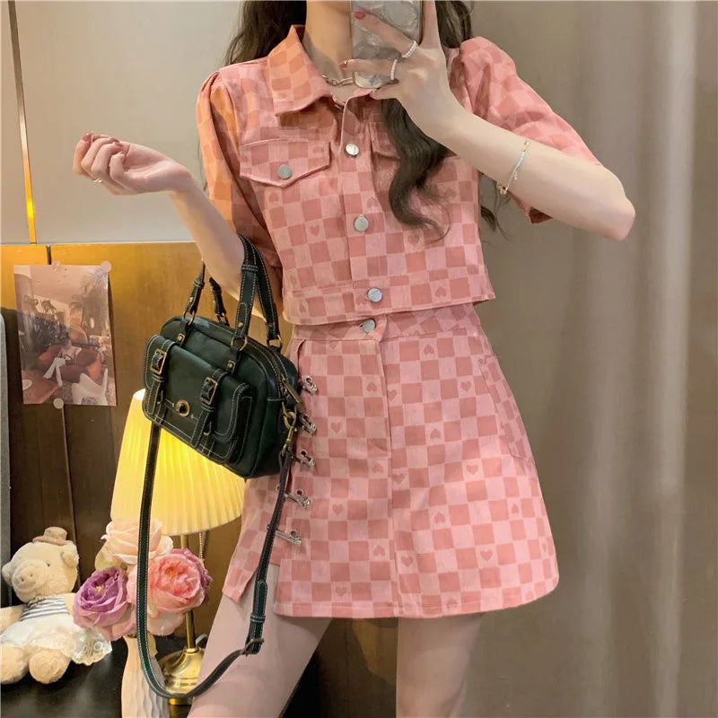 Summer Short Sleeve Jacket Plaid Shirt Skirt Sets