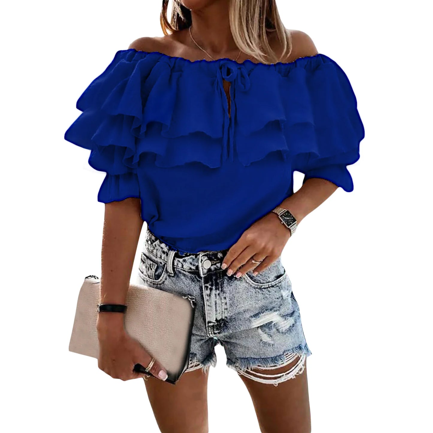 Women Off Shoulder Long Puff Sleeve Shirt