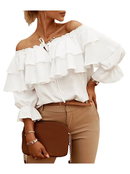 Women Off Shoulder Long Puff Sleeve Shirt