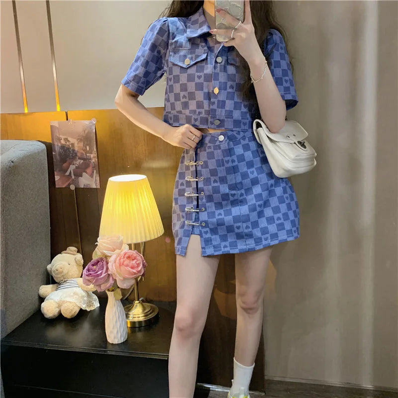 Summer Short Sleeve Jacket Plaid Shirt Skirt Sets