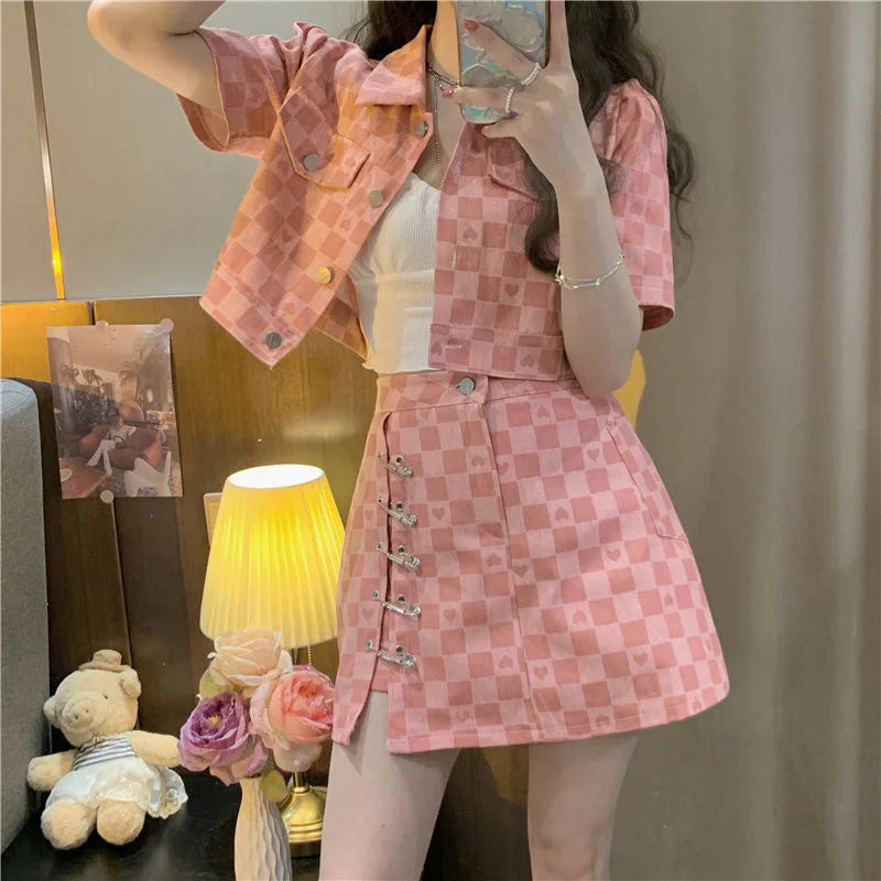 Summer Short Sleeve Jacket Plaid Shirt Skirt Sets