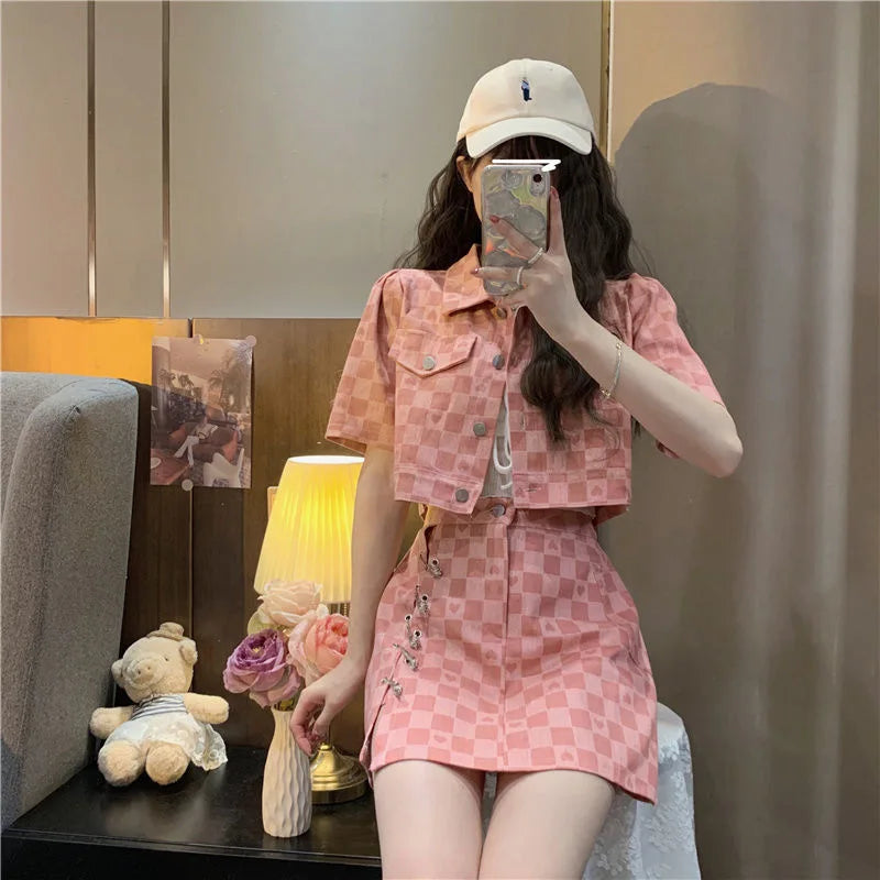 Summer Short Sleeve Jacket Plaid Shirt Skirt Sets